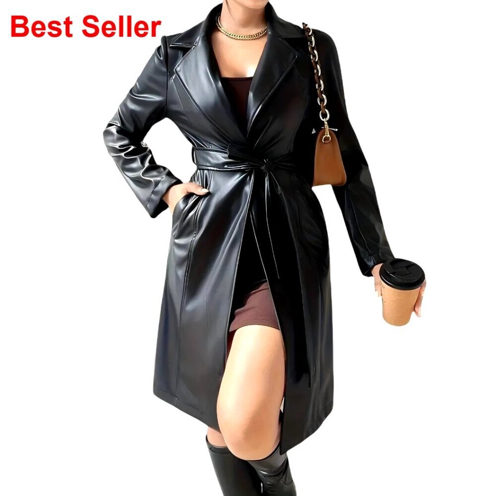 Long Leather Trench Coat with Removable Belt, PU Fabric